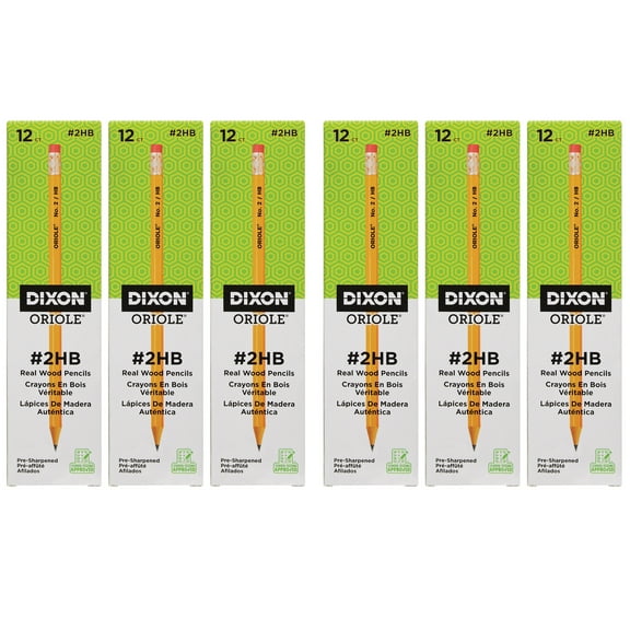 Dixon Oriole Wood-Cased Pencils, #2 HB Soft, Pre-Sharpened, Yellow, 12 Per Pack, 6 Packs