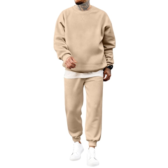 Nokdvo Tracksuits 2 Piece Set for Men Crewneck Long Sleeve Suits Sets Solid Color Stretchy Sweatsuits with Pockets Trendy Thermal Winter Warm Casual Outdoor Sweatshirt and Sweatpants,Khaki M