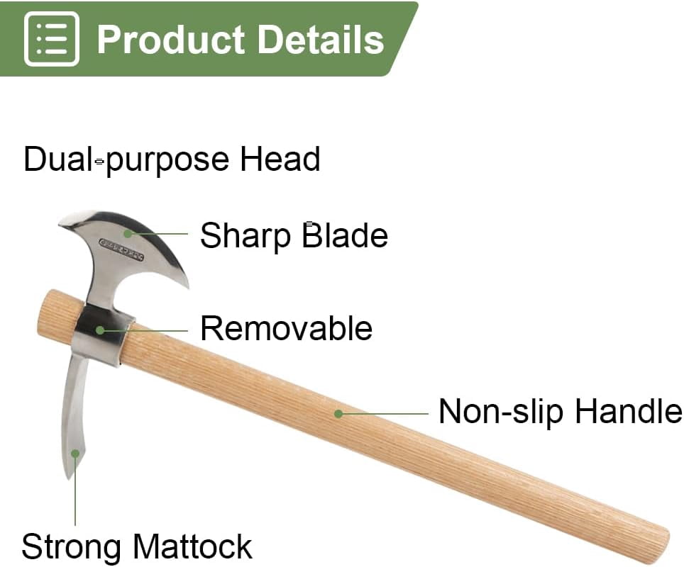 2 in1 Garden Pickaxe Weeding Mattock Gardening Tool 16inch Hatchet Chopping Axe Stainless Steel Blade Cutter for Outdoor Camping Wood Splitting Digging Planting Farming Landscaping Loosening Soil