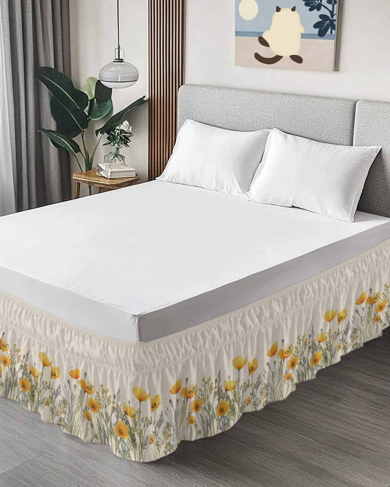 Minimalism Yellow Floral Bed Skirt Queen Size 18" Drop Watercolor Plants Linen Background Ruffled Wrap Around Bed Skirts Adjustable Elastic Bedskirt Dust Ruffle for Queen Size Bed