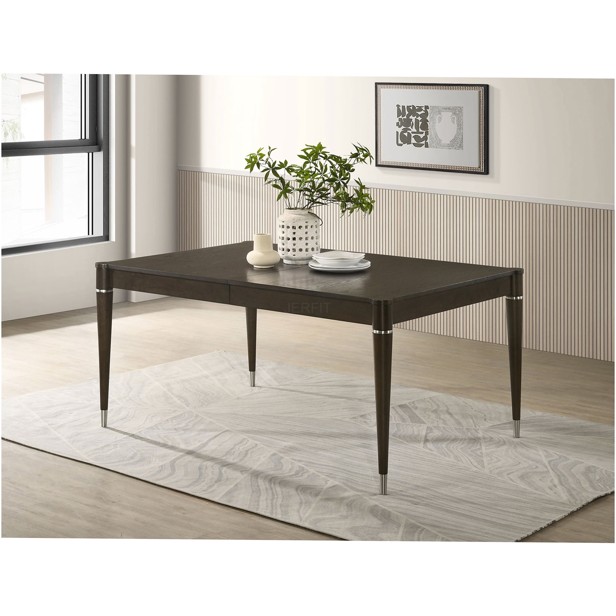 JERFIT Extendable Dining Table for 6 Ash Brown Wood Finish Transitional Design with Chrome Accents and Removable Leaf
