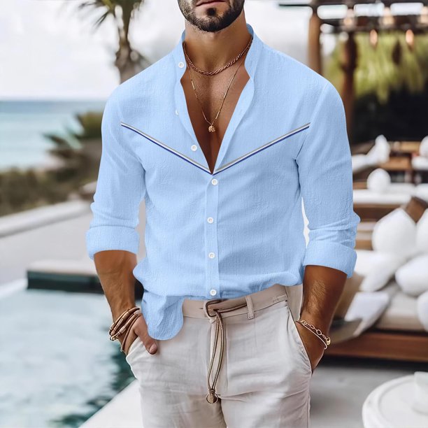 pstuiky camisas de manga larga para hombre, Camisa informal de manga larga con cuello alto y botones lisos para hombre camisetas de hombre m