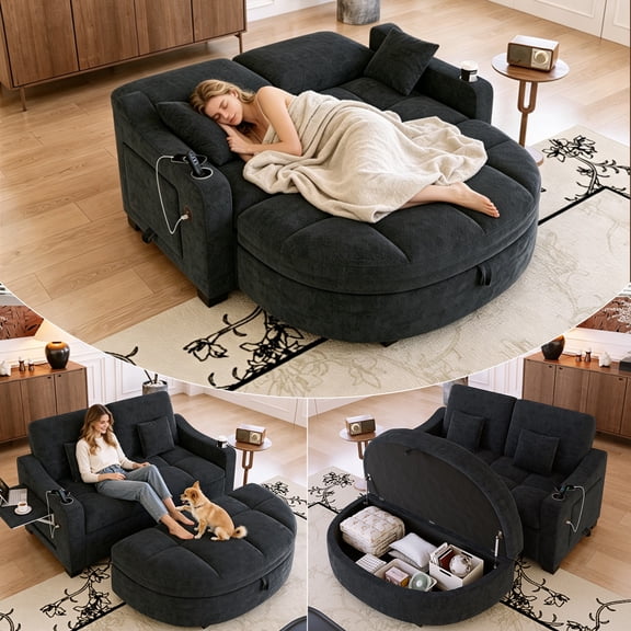LLappuil 60" Loveseat Sofa with Storage Ottoman, 2 Seat Sofa Convertible Sofa Bed, Chenille Sofa Couch with Small Tabletop, USB & Type-c Charging Port, Cup Holders for Living Room Black