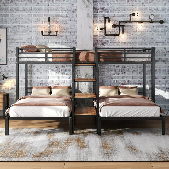 Euroco Metal Twin over Twin & Twin Bunk Bed, 3-in-1 Triple Bunk Bed with Shelves for Kids Teens, Black