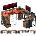 thumbnail image 2 of HOMCOM 66" Reversible L Shaped Desk with File Drawer, 105" Two Person Desk with Power Outlet and LED Light, Monitor Shelf and CPU Stand, Rustic Brown, 2 of 9