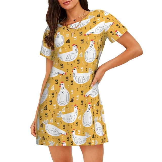 Balery Funny Chicken Camisón de manga corta con cuello redondo para mujer, cómodo y elegante.