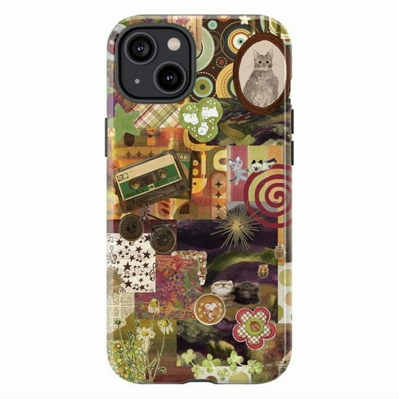 Vintage Collage Phone Case, Retro Artistic Design with Cat, Flowers, and Cassette iPhone Cover, Unique Protective Case for iPhone 17 16 15 14 13 12 11 Plus Pro Max Mini
