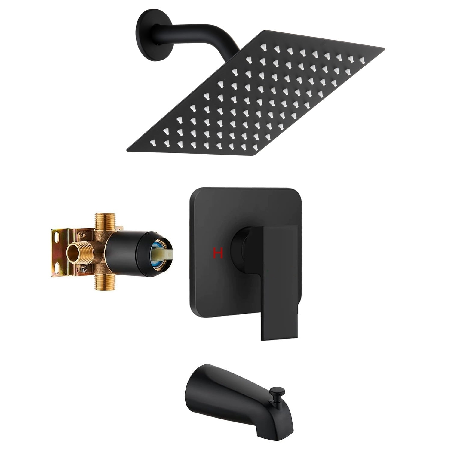 Shower Faucet Set Black Rain Shower Head Combo with Mixer Valve Kit Wall Mounted