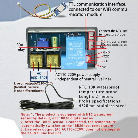 Temperature Digital LCD Display Intelligent Thermostat Cellphone APP Remotely Control Wifi Temperature Controller Built-in 30A Relay With Timer Startup & Shutdown High And Low