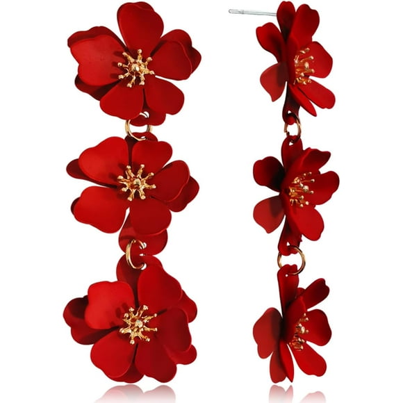 Elegant Bohemian Matte Tiered Triple Flower Dangle Drop Earrings Chic Charm Cute Long Floral Stud Earrings For Women Statement Jewelry Gifts[L1655]