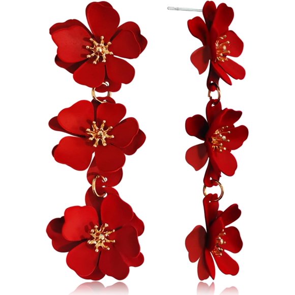shiyou-Elegant Bohemian Matte Tiered Triple Flower Dangle Drop Earrings Chic Charm Cute Long Floral Stud Earrings for Women Girls Statement Jewelry Gifts