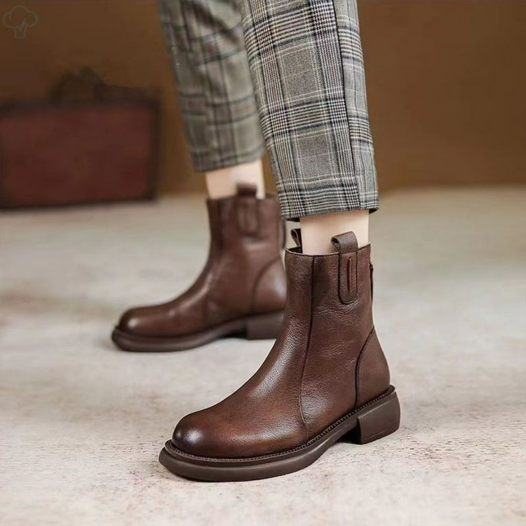 Chelsea boots soft bottom mid heel Martin boots for women autumn and winter New fleece lined comfortable round toe short Walmart