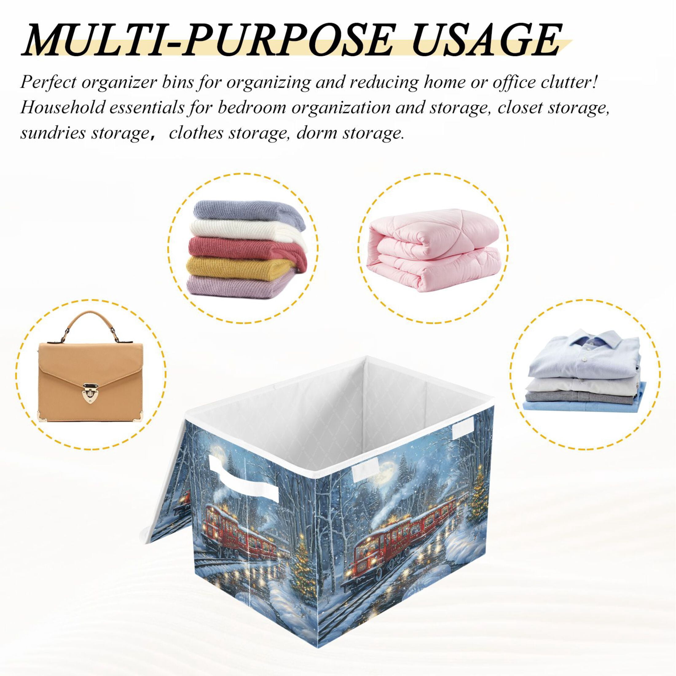 WOBOGO Christmas Train Picture Large Collapsible Storage Box Flip Lid Fabric Decorative Organizer Container Basket with Handles 16.5×12.6×11.8in