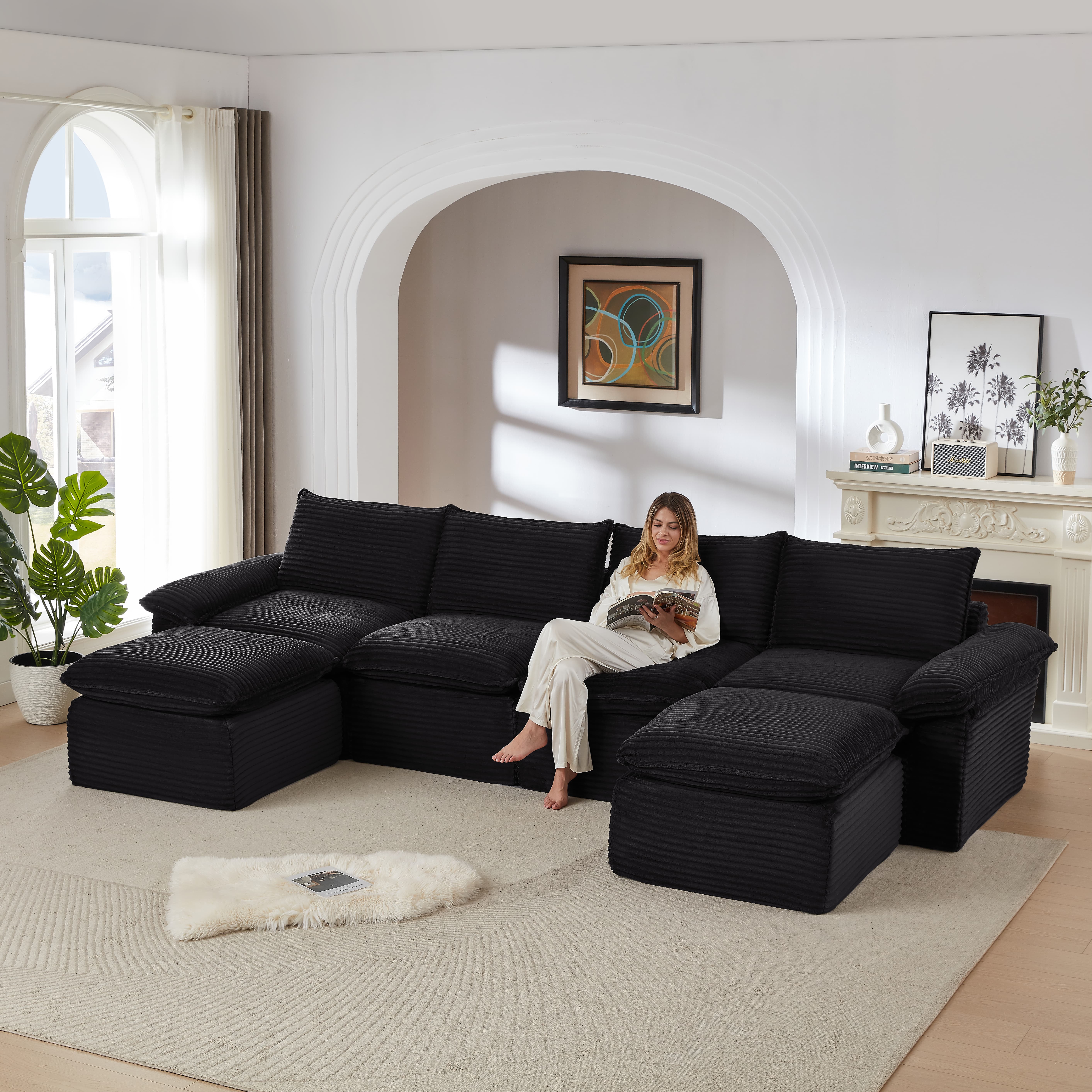 MAYEERTY Modern Modular Corduroy Sofa, Black Cloud-Soft Sectional Couch for Apartment