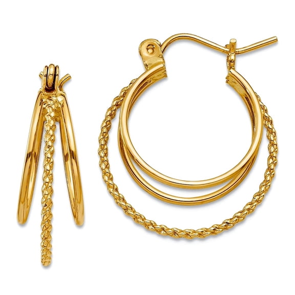 14k Yellow Gold Hinged post Polished and Textured Circle Hoop Earrings 19x18mm Wide 8mm Thick Hoop Earring for Women