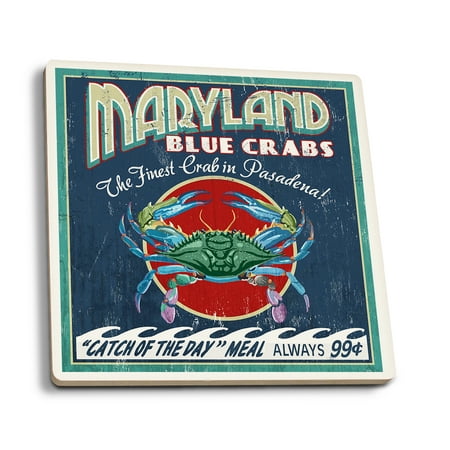 Pasadena, Maryland - Blue Crabs Vintage Sign - Lantern Press Artwork (Set of 4 Ceramic Coasters - Cork-backed,