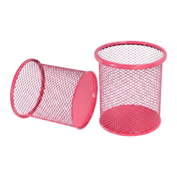 2 Pcs Red Metal Mesh Pencil Cup, Round Desk Pen Holder, Multipurpose Mesh Pencil Holder for Desk, Durable Office Desk Organizer Pen Organizer for Home, Office, Classroom
