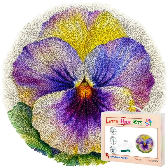 Latch Hook Rug Kit Watercolor Pansy Flower Stamped Handmade Round Shape Carpet Crochet Yarn Craft DIY Hook and Latch Door Mat Tapestry for Christmas Home Floor Decor 50x50cm(1)