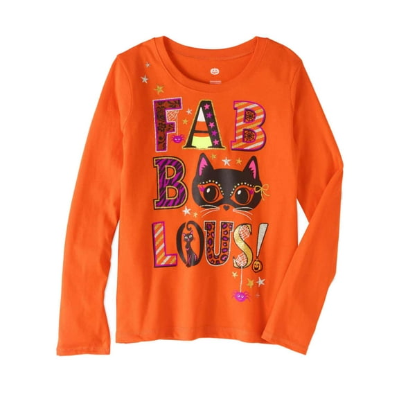 Girls Orange Fab Boo Lous Glitter Halloween T-Shirt Black Cat Tee Shirt