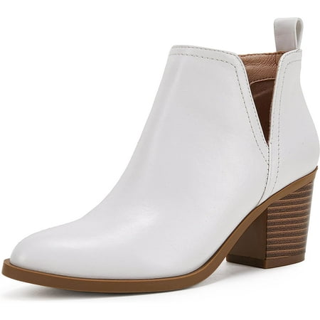 

Coutgo Womens Cut Out Ankle Boots Chunky Stacked Heel Almond Toe Slip On Western Booties