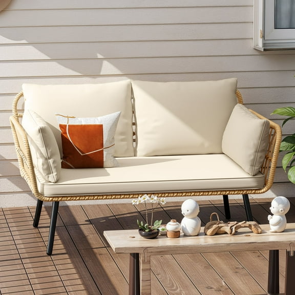 Craftian All-Weather Wicker Outdoor Loveseat with Soft Cushion, 2-Seat Rattan Sofa - Beige