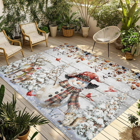 Fsddascl Christmas Snowman Outdoor Rug for Patio/Deck/Porch, Non-Slip Large Area Rug 6 x 9 Ft, Xmas Elk Tree Snowflake Botanical Vintage Indoor Outdoor Rugs Washable Area Rugs, Camping Rug Carpet