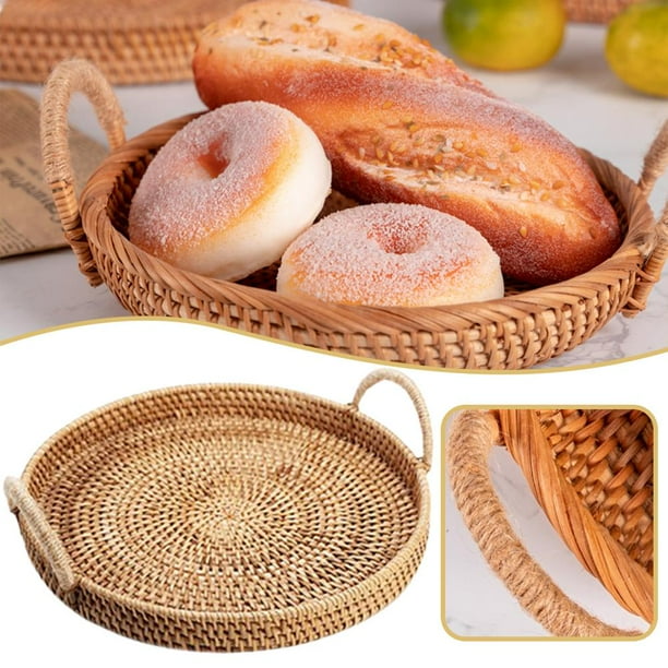 Almacenamiento De Ratán Tejida A Mano Con Asa, Plato De Comida Para Pan, Cesta De Almacenamiento De Escritorio Redonda Lavable sonducket HA041647-02