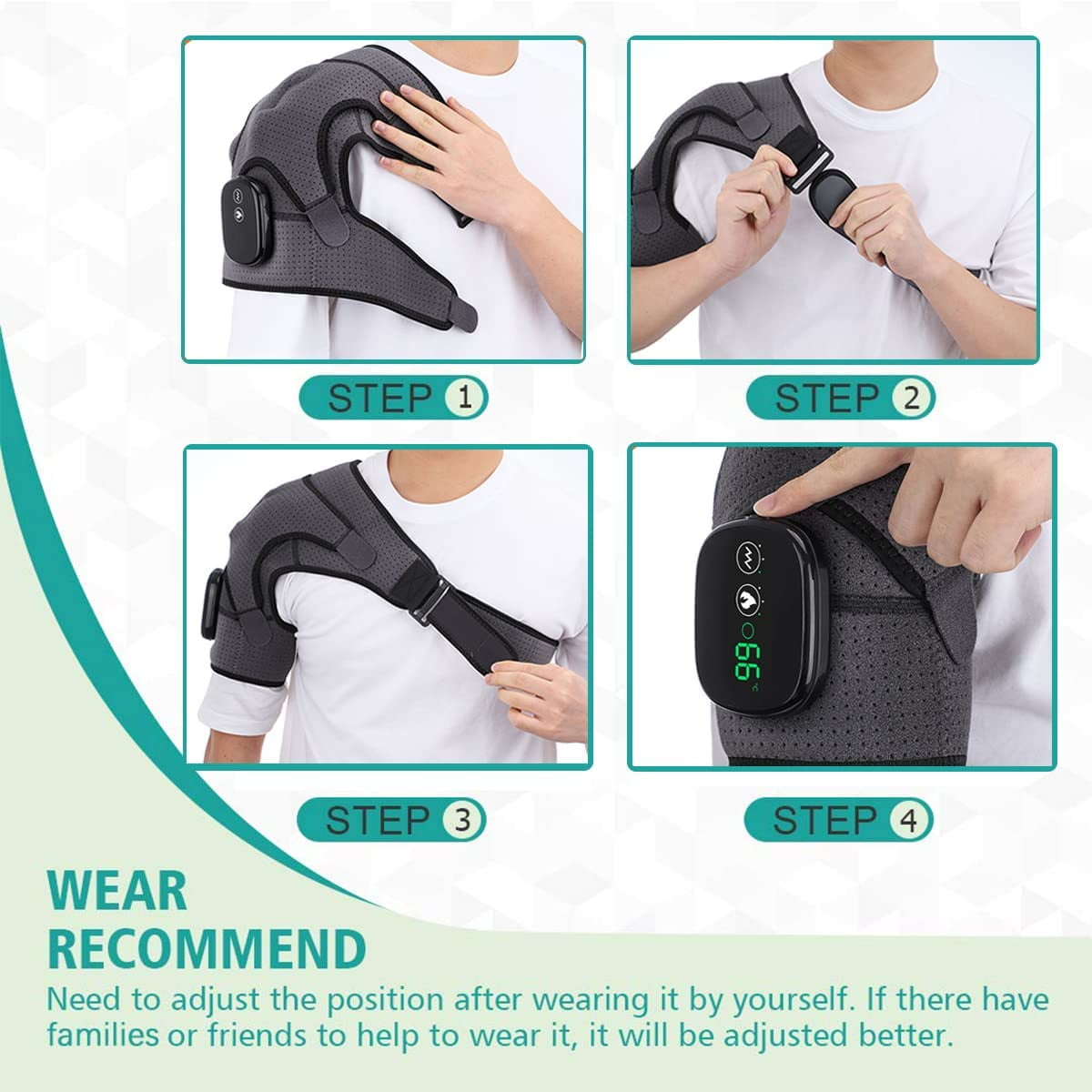 SUWU Massaging Heated Shoulder Wrap, Cordless Rechargeable Heating Pad, Adjustable Braces with 3 Heat Settings