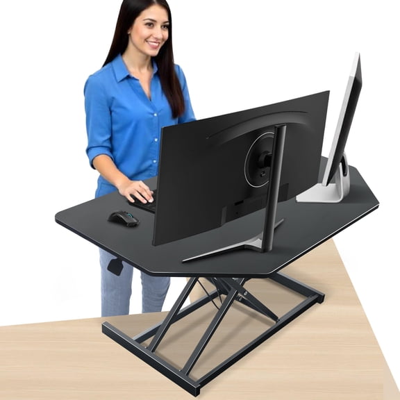 Black 34 Inch Corner Height Adjustable Standing Desk Converter Dual
