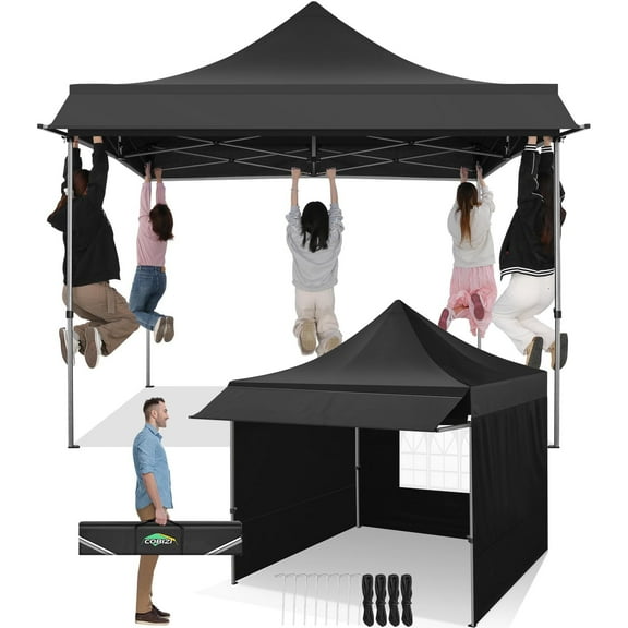 COBIZI 10x10 Pop Up Canopy Tent with Awning,Heavy Duty Canopy UPF 50 All Season Wind Waterproof Commercial Outdoor Street Vendors Party Tents for Parties Canopy with Carry Bag(10 x 10 ft Black)