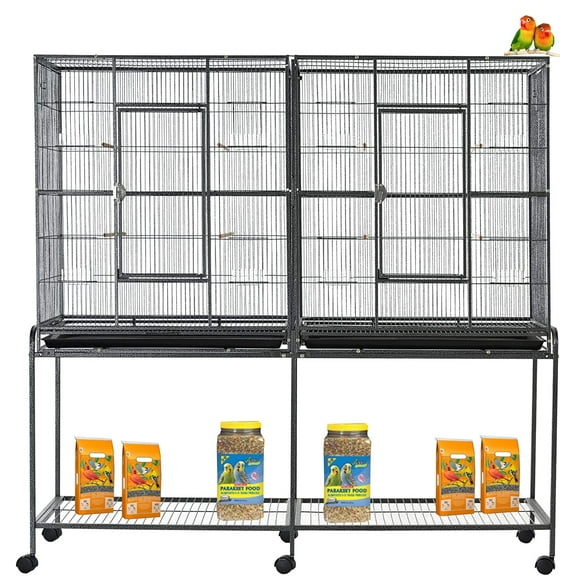 54" LARGE DOUBLE Bird House Flight Breeder Cage Center Divider Side Breeding Nest Doors With Removable Rolling Stand For Canary Parakeet Cockatiel Lovebird Finches