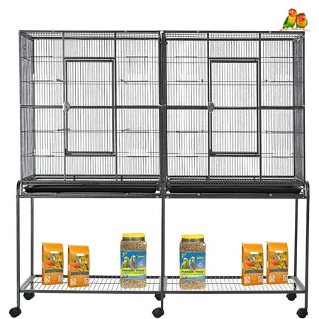 54" LARGE DOUBLE Bird House Flight Breeder Cage Center Divider Side Breeding Nest Doors With Removable Rolling Stand For Canary Parakeet Cockatiel Lovebird Finches