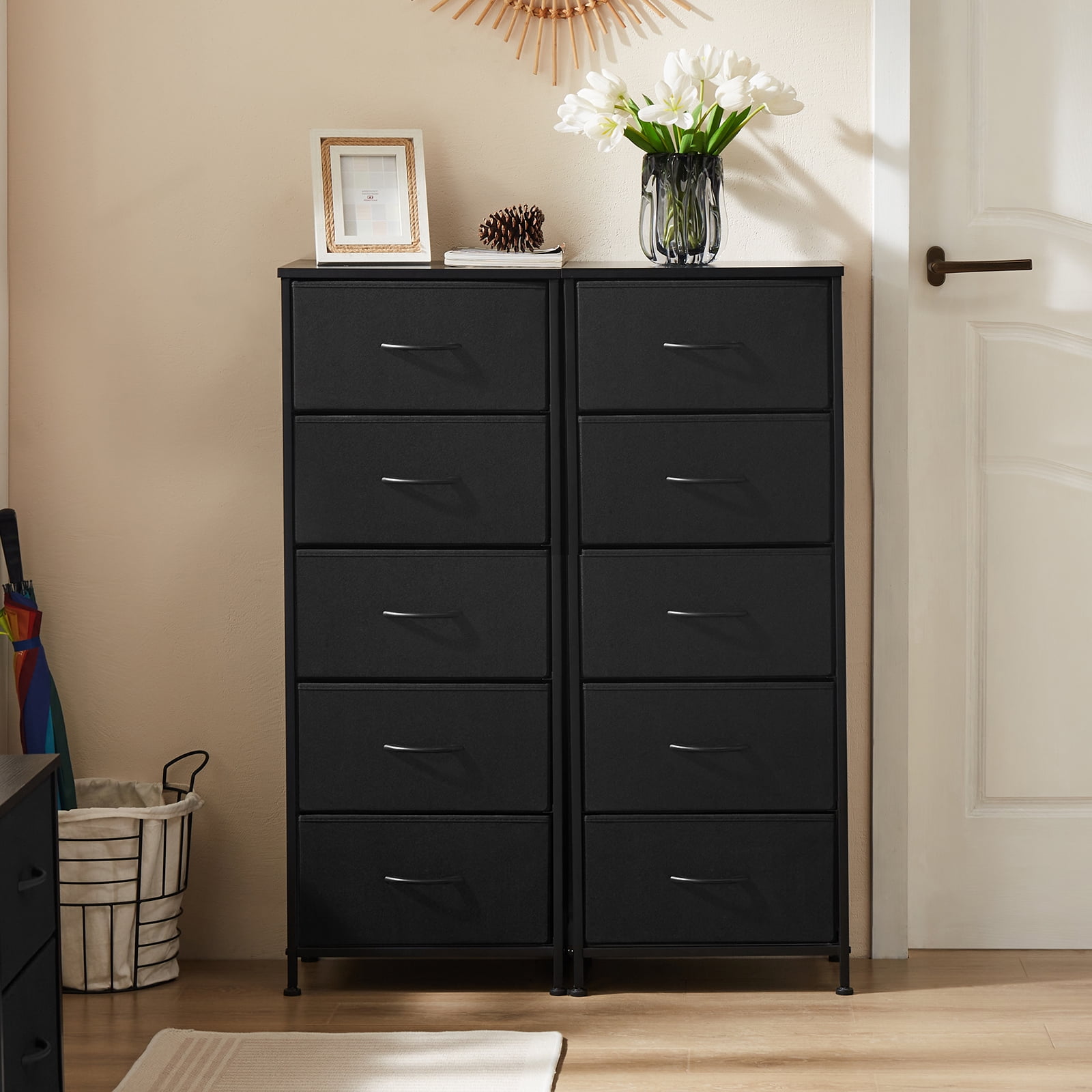 EDX 5 Fabric Dresser with 5 Storage Drawers, TV Stand with Wooden Top Metal Frame for Clothes, Living Room, Hallway, Entryway, Black