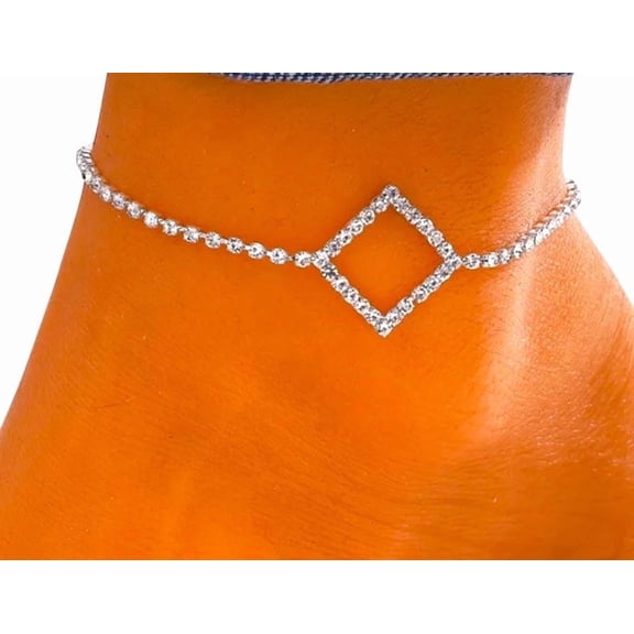 RubyLee Elegance Square Charm  Silver Anklet for Women