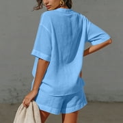 FNFYFH Cotton Linen Gauze Sets for Women Tie Front V Neck Shirts and Shorts Set Summer Beach Vacation Outfits
