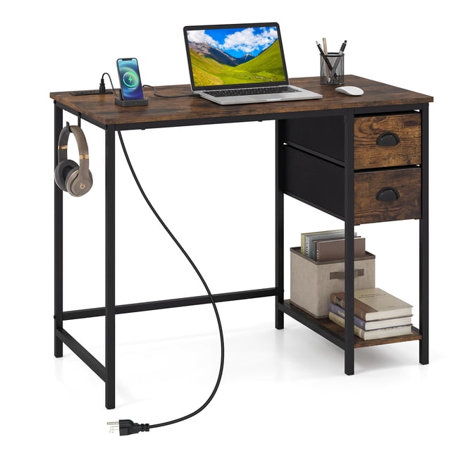 Costway Computer Desk with Charging Station, 2 Fabric Drawers, Storage Shelf Headphone Hook Rustic Brown & Black