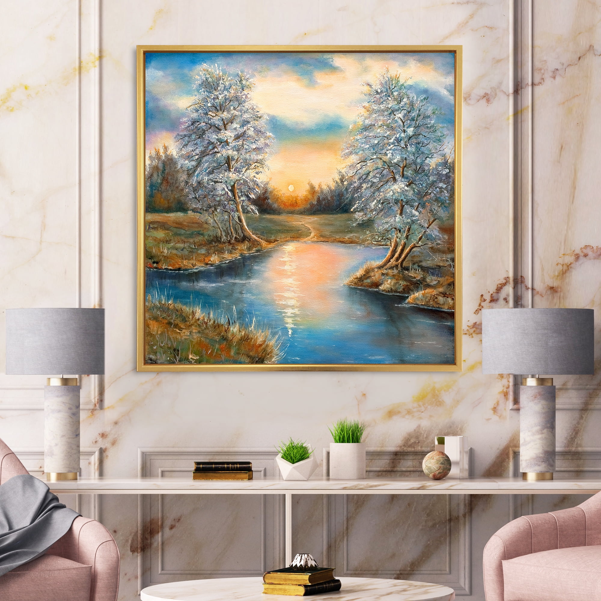 Designart 'Birches In The Autumn Woods Sunset' Lake House Framed Canvas Wall Art Print
