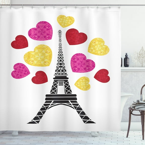 Eiffel Tower Shower Curtain, Beaming Colorful Hearts Valentine's Day Theme, Fabric Bathroom Set with Hooks, 69W X 84L Inches Extra Long, Magenta Mustard Ruby and Charcoal Grey, by Ambesonne