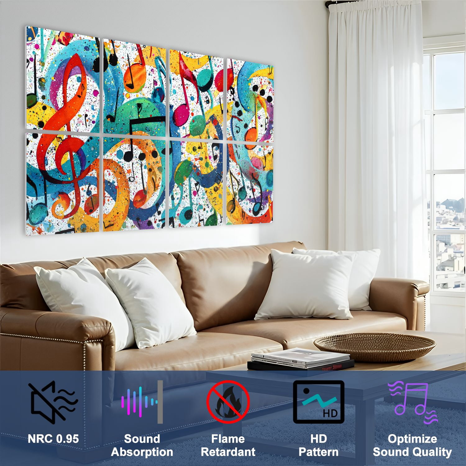 8 Pack Art Acoustic Panels Sound Absorbing Rainbow Colorful Musical Notes Watercolor Treble Clef Symbol Musical Decorative Soundproof Wall Panels Self Adhesive for Nursery Game Room Bedroom 48"x32"