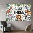 thumbnail image 5 of Young Wild and Three Backdrop Safari Theme 3rd Birthday Photography Background Green Tropic Leaves Giraffe Zebra Elephant 3rd Birthday Party Decorations Banner Supplies Photo Booth Props, 5 of 7
