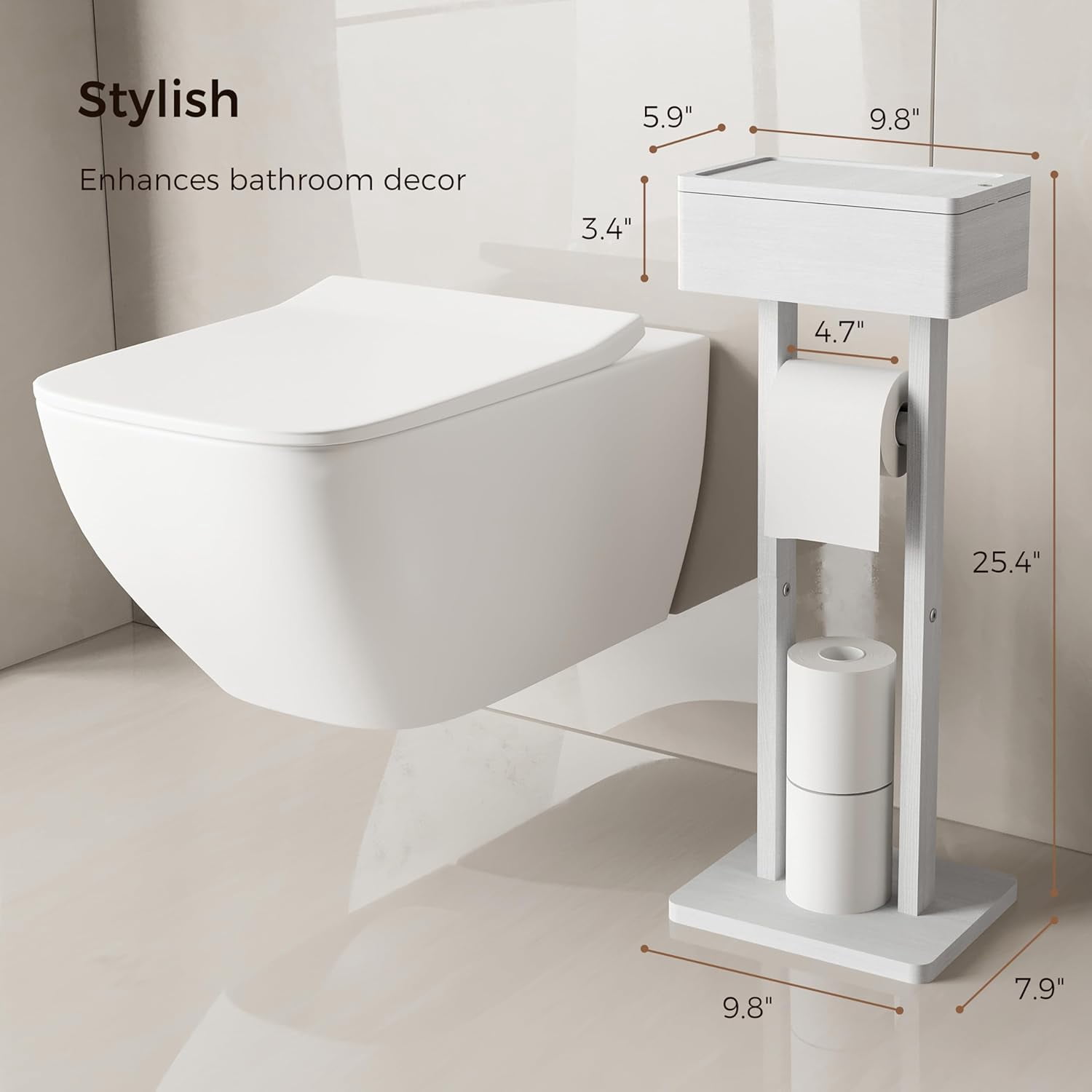 4-in-1 White Toilet Paper Holder Stand with Storage Shelf Box, Bamboo Free Standing Toilet Tissue Roll, Toilet Wipes Dispenser Organizer, Temporary Desktop for Bathroom (Patent Protection)