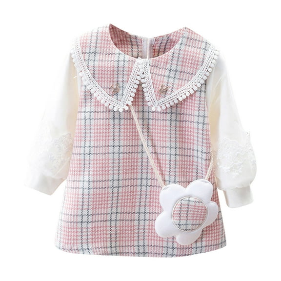 Girls Dresses Kids Baby Long Sleeve Plaid Prints Princess Dress Bag Set Pink Elegant Kids Outfits 12 Months-18 Months