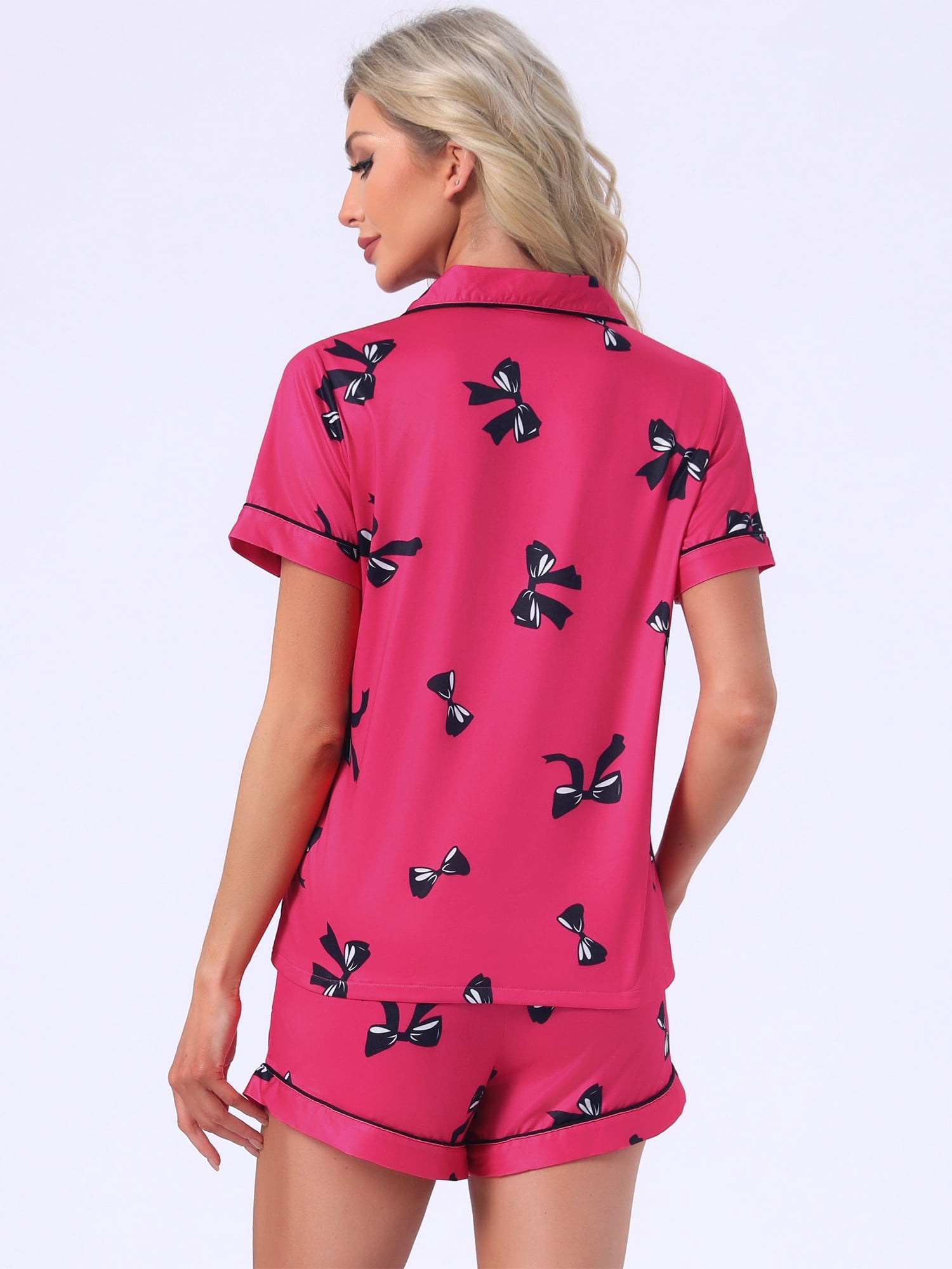 DARING DIVA Women's Pajama Sets Short Sleeves Bow Button Up Tops and Shorts XL Hot Pink