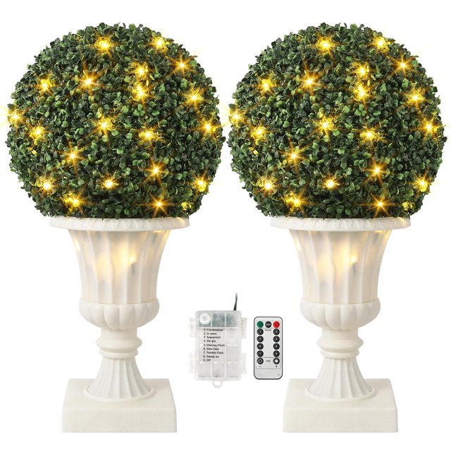 Set of 2 Artificial Boxwood Topiary Ball Trees 27" with Lights, UV-Resistant Faux Evergreen Shrubs in White Base for Outdoor and Indoor Garden, Porch, Patio, or Home Decor