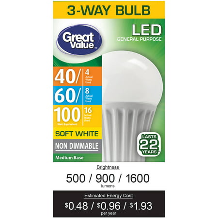 Great Value LED Light Bulb, 4-16W (40-100 Equivalent), A19 3-Way Lamp E26 Medium Base, Non-Dimmable, Soft (Best White Light Bulbs)