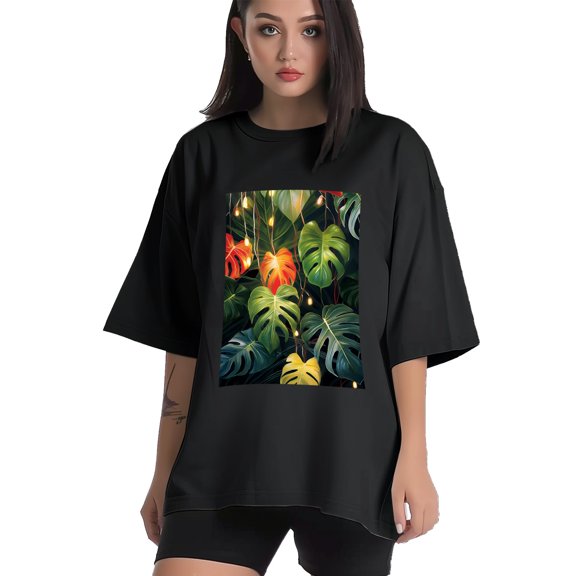 Plus Size Shirt for Women Black Tops for Women Short Sleeves Shirt for Women Tropical Plant Leaves 2 T Shirt Crewneck Shirt for Women XS
