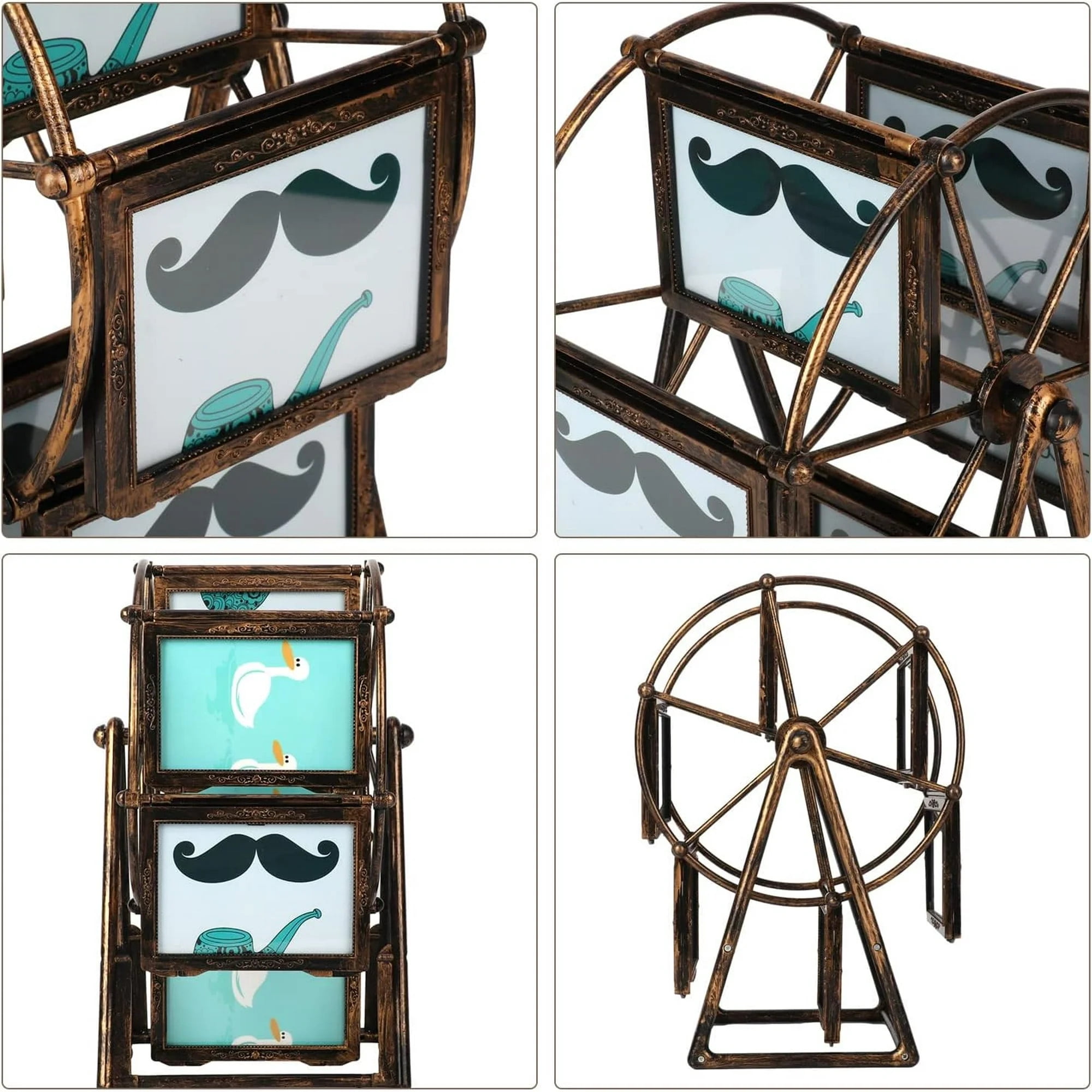 12 Photos Rotating Ferris Wheel Picture Frame, Vintage Embossed Designs 5 inches Frame for Home Decor Wedding Birthday Gifts, Antique Bronze