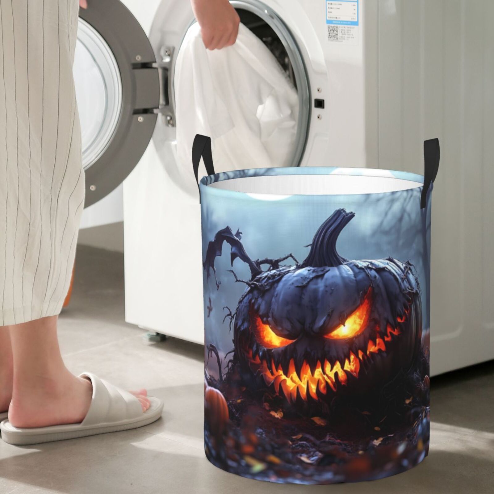 Large Laundry Basket with Handles - Halloween Pumpkin Monster D Kids Baby Dirty Clothes Laundry Hamper for Bedroom Aesthetic