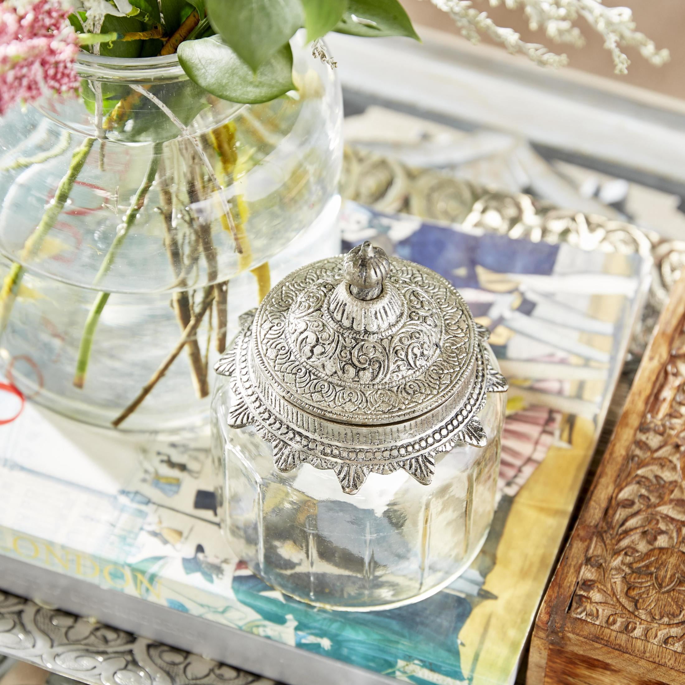 DecMode 6", 7", 9"H Clear Glass Decorative Jars with Engraved Silver Lids, 3-Pieces