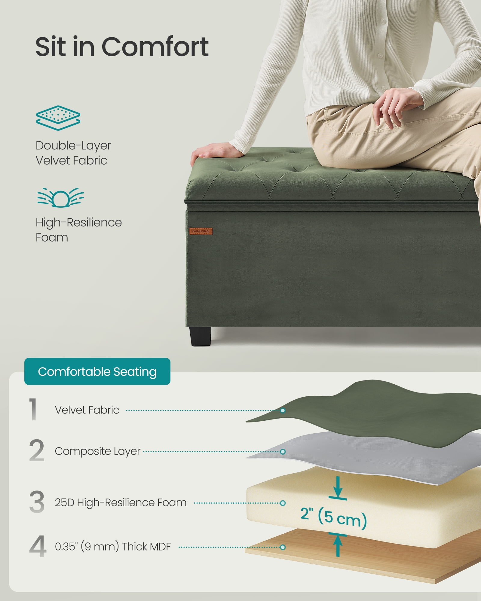 SONGMICS 43" Storage Ottoman Bench Foot Rest with Legs End of Bed Bench Storage Chest Load up to 660 lb for Living Room Bedroom Forest Green